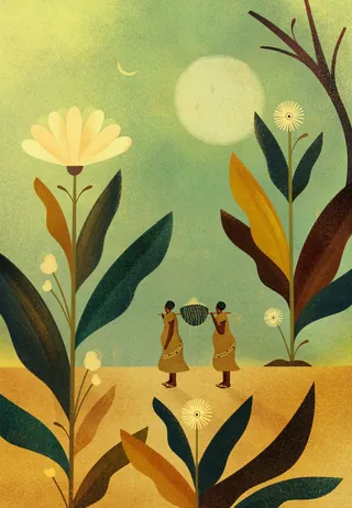 Two people walking with baskets among giant flowers at night