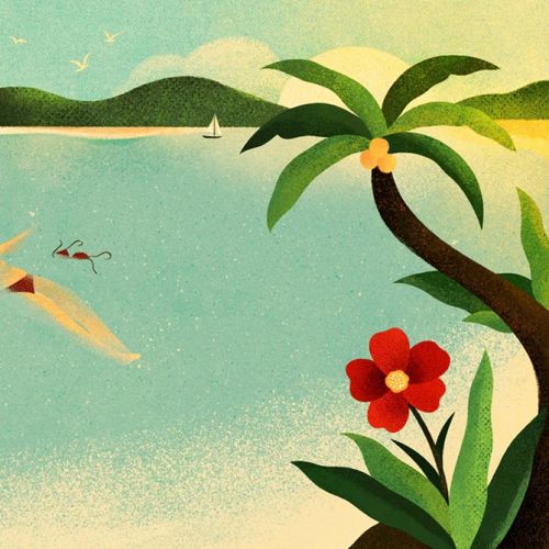 Person swimming in tropical beach with palm trees and sailboats