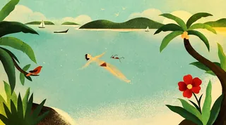 Person swimming in tropical beach with palm trees and sailboats