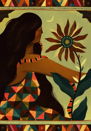 Woman with long dark hair holding a large flower under crescent moon