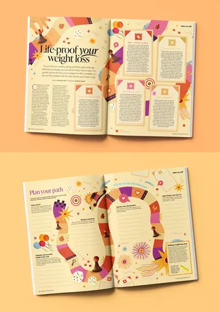 Magazine open to weight loss article and planner with vibrant graphics
