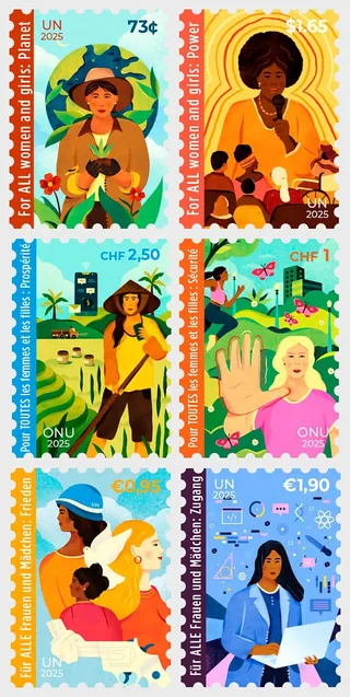 UN stamps showing diverse women in different empowering activities