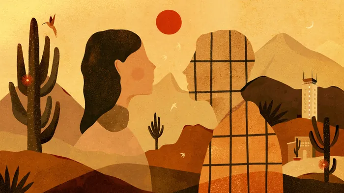 Abstract desert scene with silhouettes of people, cacti, and mountains