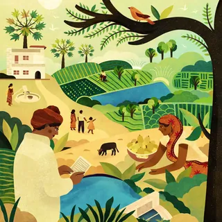 Illustration of rural village scene with farmers, fields, and animals
