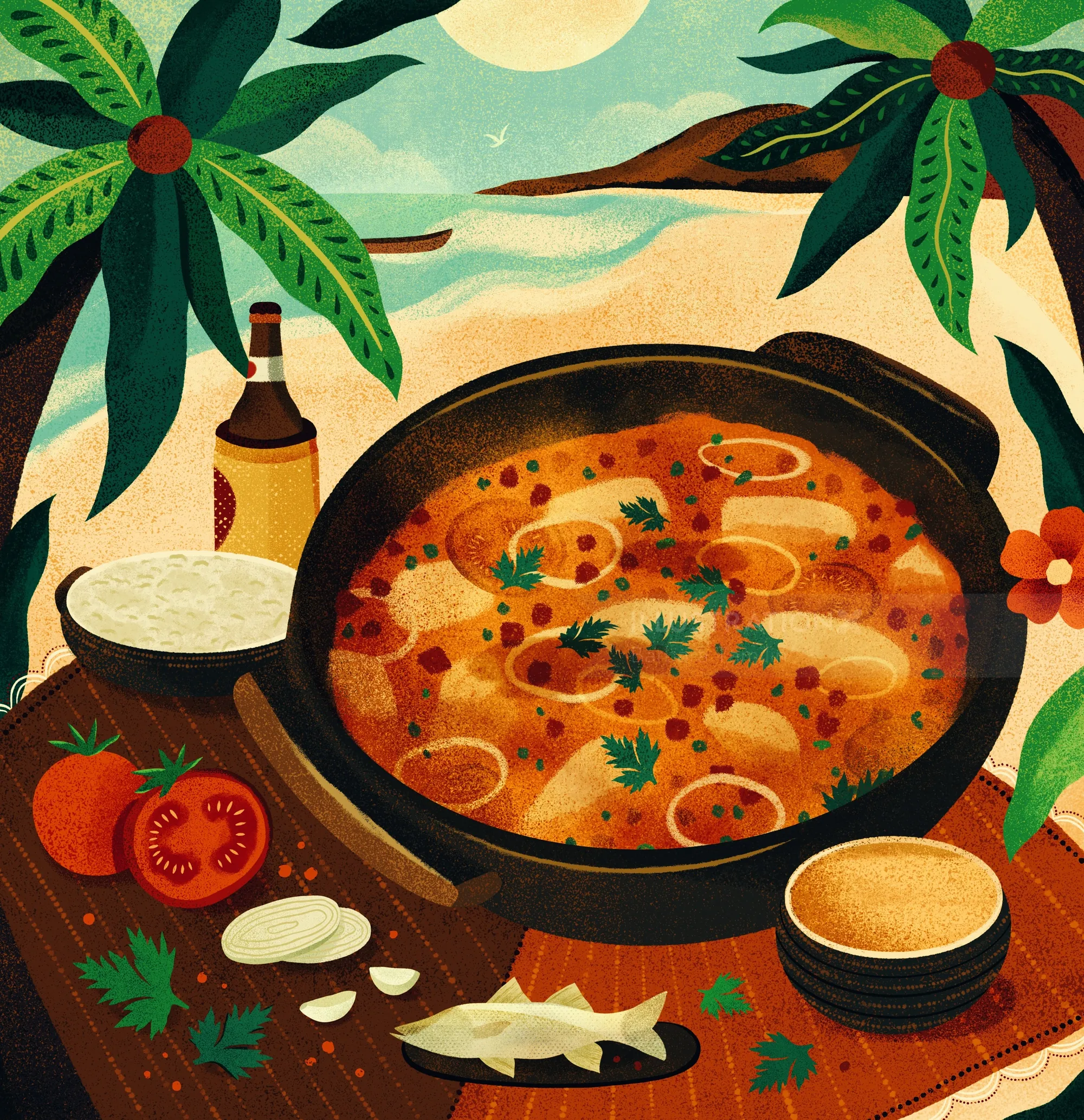 Seafood stew in a pot with tomatoes, rice, and tropical plants