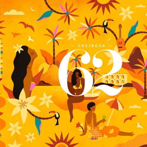 Abstract tropical landscape with people, animals, and bright orange tones