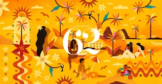 Abstract tropical landscape with people, animals, and bright orange tones