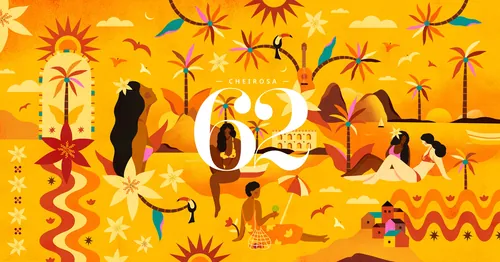 Abstract tropical landscape with people, animals, and bright orange tones