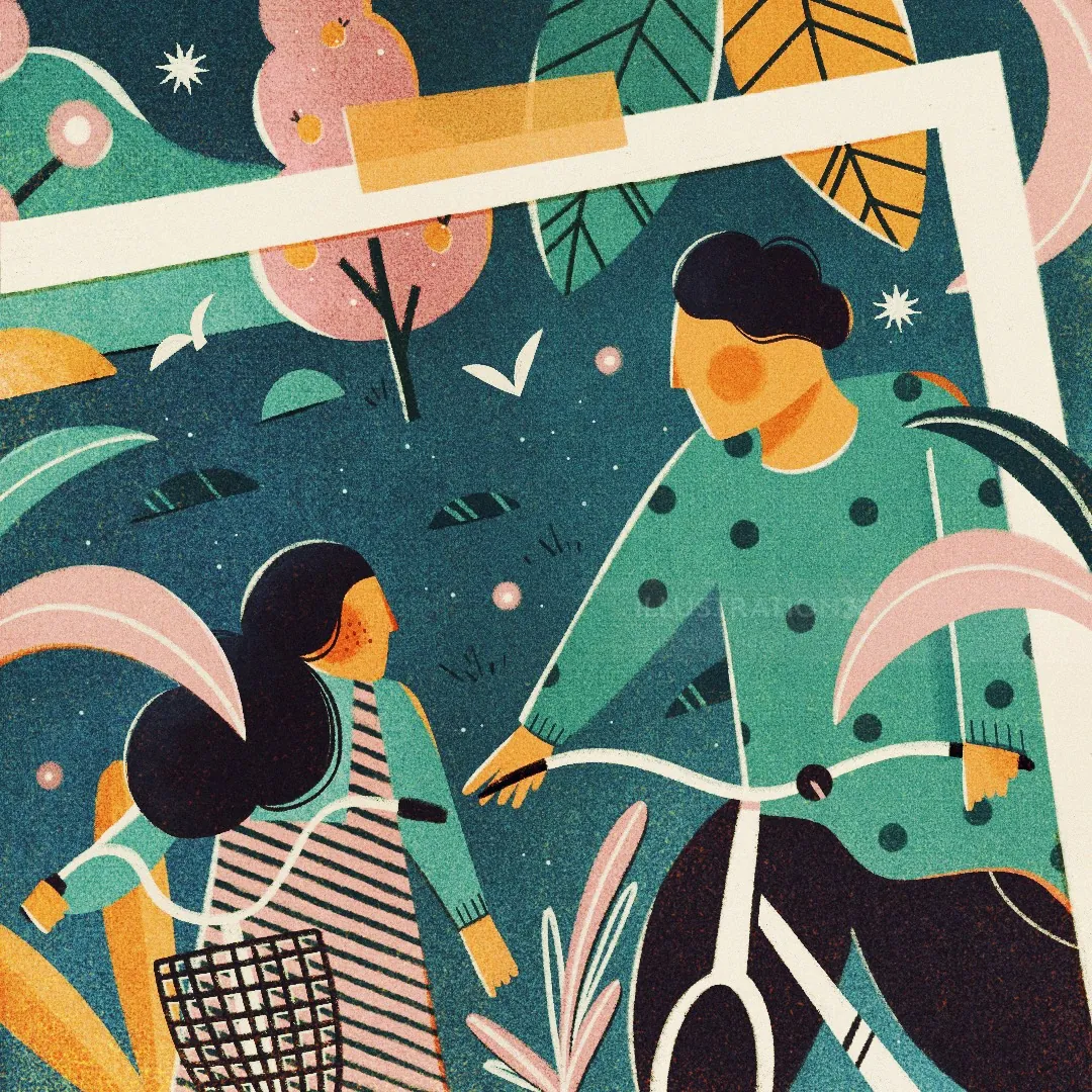 Woman and girl with bicycle in a colorful outdoor scene