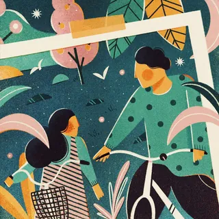 Woman and girl with bicycle in a colorful outdoor scene