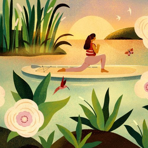 Woman doing yoga on paddleboard in sunset surrounded by plants