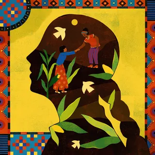 Silhouette with two people helping each other surrounded by plants and birds