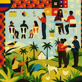 Diverse group working and interacting in vibrant outdoor and indoor scenes