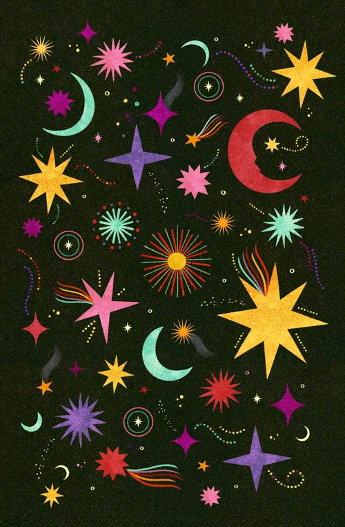 Bright multicolored stars and crescent moons on black background