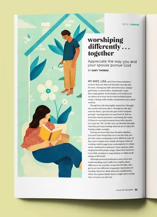 Couple worshiping together at home with plants and flowers around.