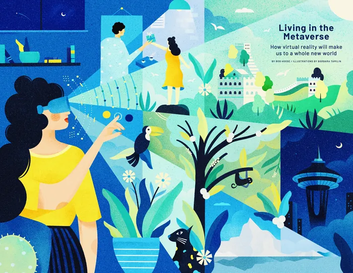 Colorful illustration of a woman with VR headset exploring the metaverse world.
