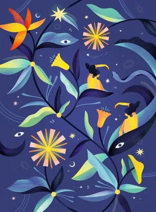 Surreal night scene with vibrant flowers, stars, eyes, and women in yellow dresses