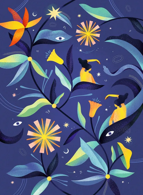 Surreal night scene with vibrant flowers, stars, eyes, and women in yellow dresses