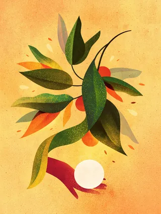 Abstract green leaves with red hand holding glowing white orb on warm background