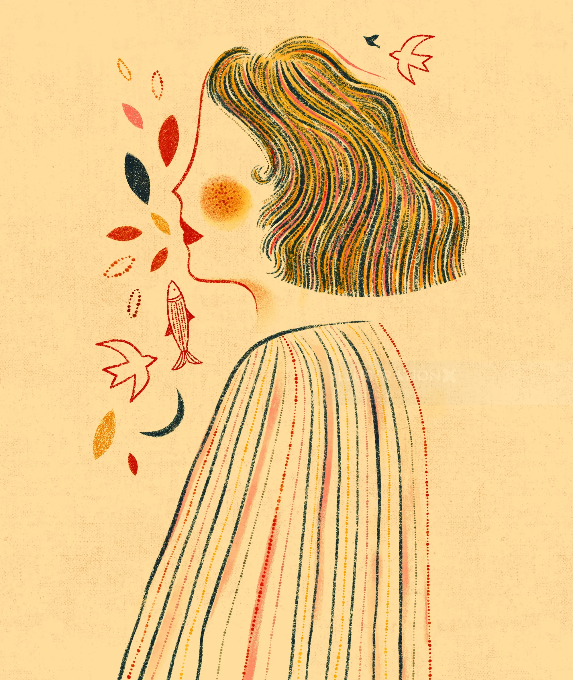 Abstract woman profile with colorful hair, leaves, and fish on beige background
