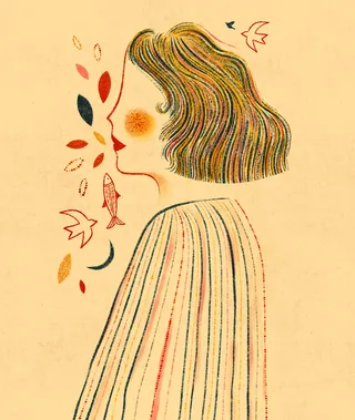 Abstract woman profile with colorful hair, leaves, and fish on beige background