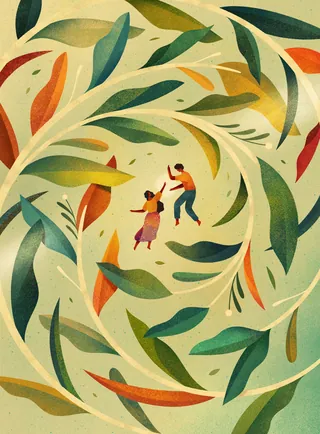 Two people dancing amidst swirling green and orange leaves