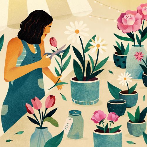 Woman gardening with multiple potted flowering plants indoors