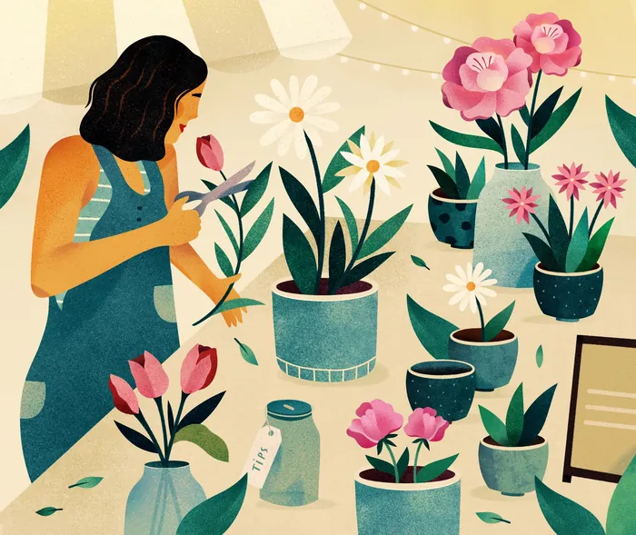 Woman gardening with multiple potted flowering plants indoors