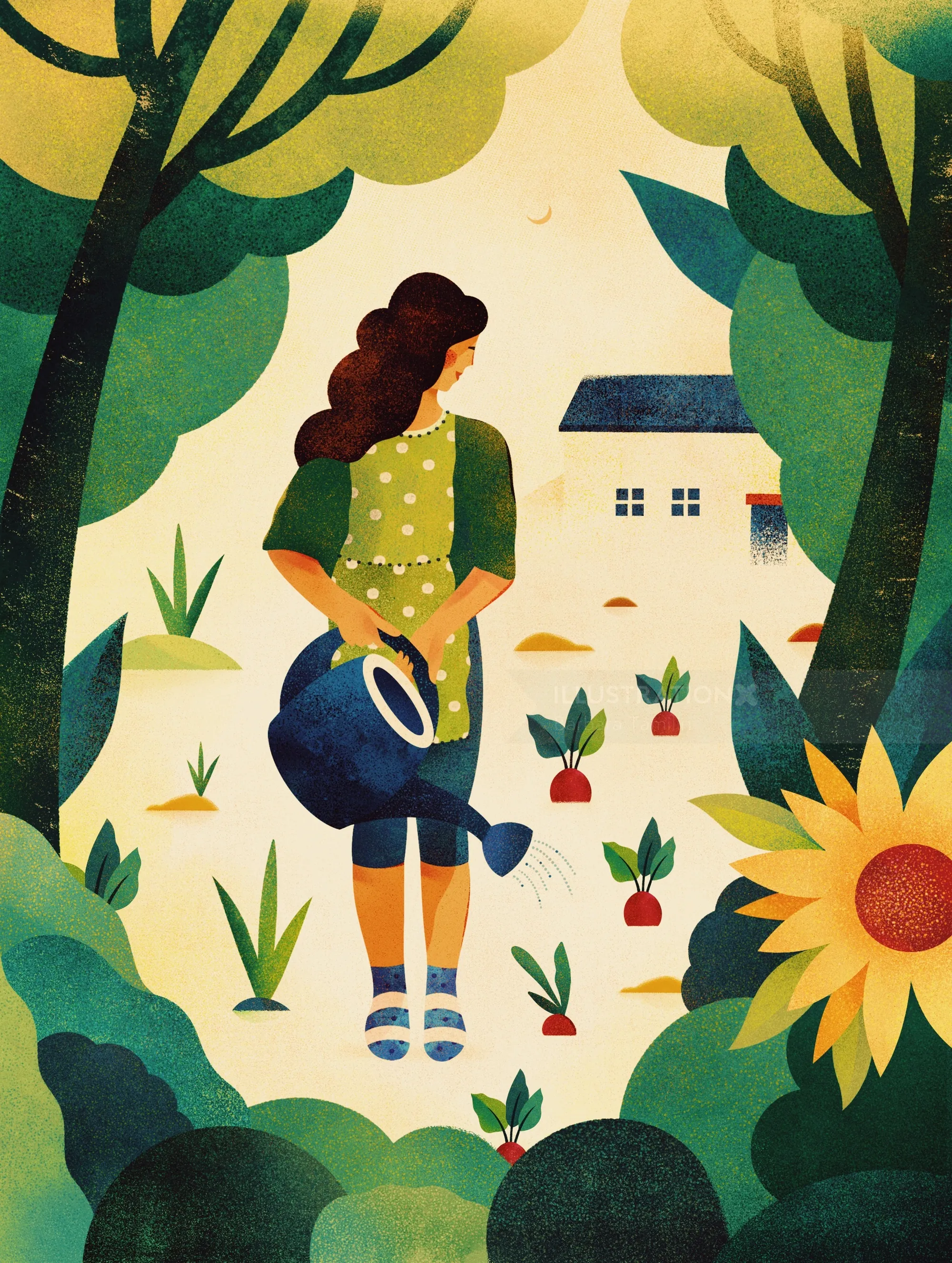 Woman watering plants in garden with trees and sunflower by Barbara Tamilin