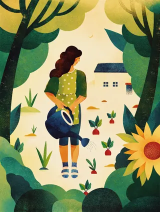 Woman watering plants in garden with trees and sunflower by Barbara Tamilin