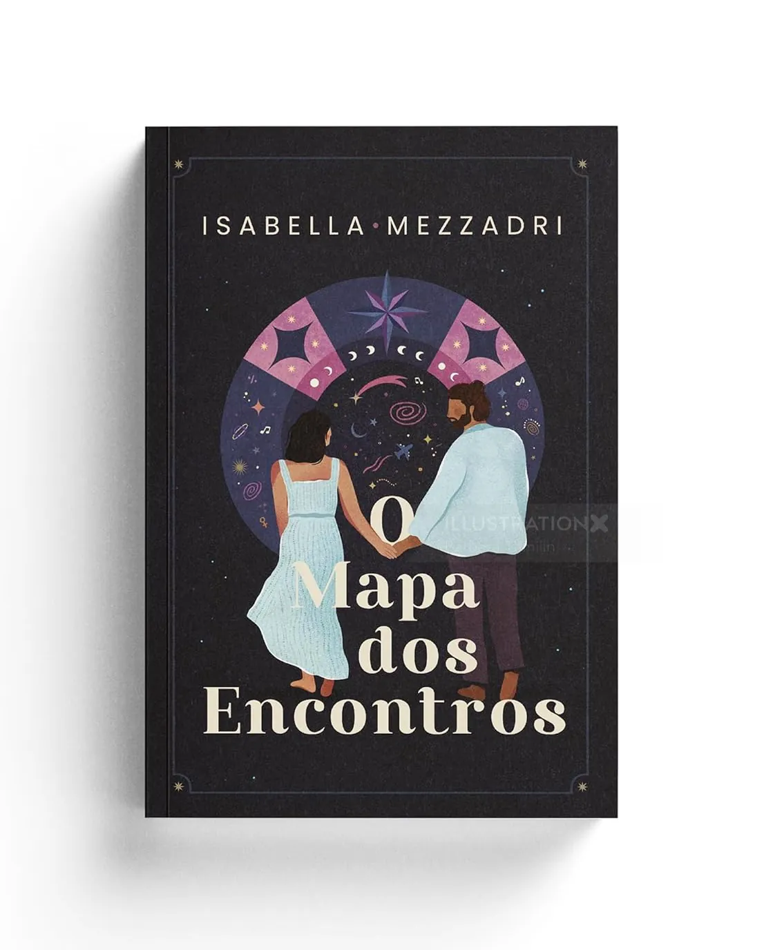 Book cover with two people holding hands under a circular design