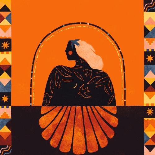 Abstract woman with light hair surrounded by orange and black geometric shapes