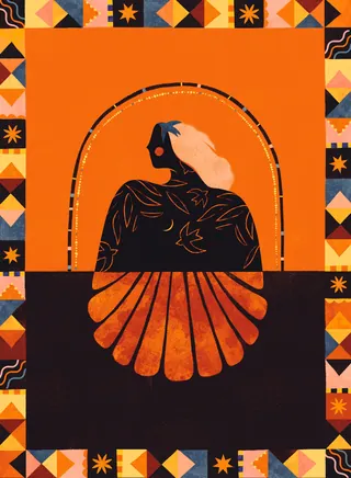 Abstract woman with light hair surrounded by orange and black geometric shapes