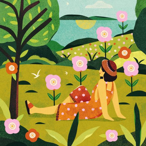 Woman sitting in flower garden with bright sun and trees by Barbara Tamilin