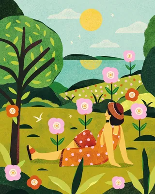 Woman sitting in flower garden with bright sun and trees by Barbara Tamilin