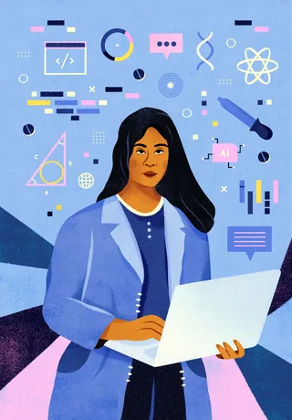Woman holding laptop with technology and science icons around by Barbara Tamilin