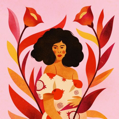 Woman in pomegranate dress surrounded by red foliage by Barbara Tamilin