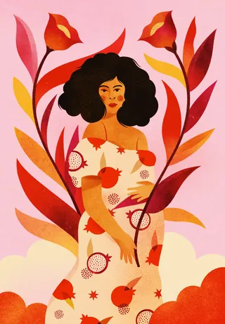 Woman in pomegranate dress surrounded by red foliage by Barbara Tamilin
