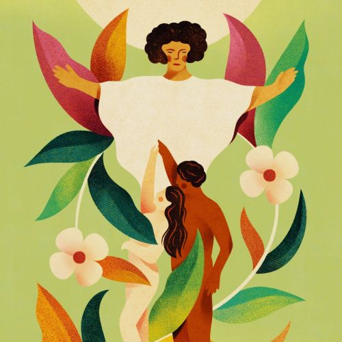 Abstract angel and two figures surrounded by flowers and leaves by Barbara Tamilin
