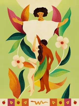 Abstract angel and two figures surrounded by flowers and leaves by Barbara Tamilin