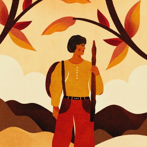 Woman holding walking stick among autumn leaves and mountains by Barbara Tamilin