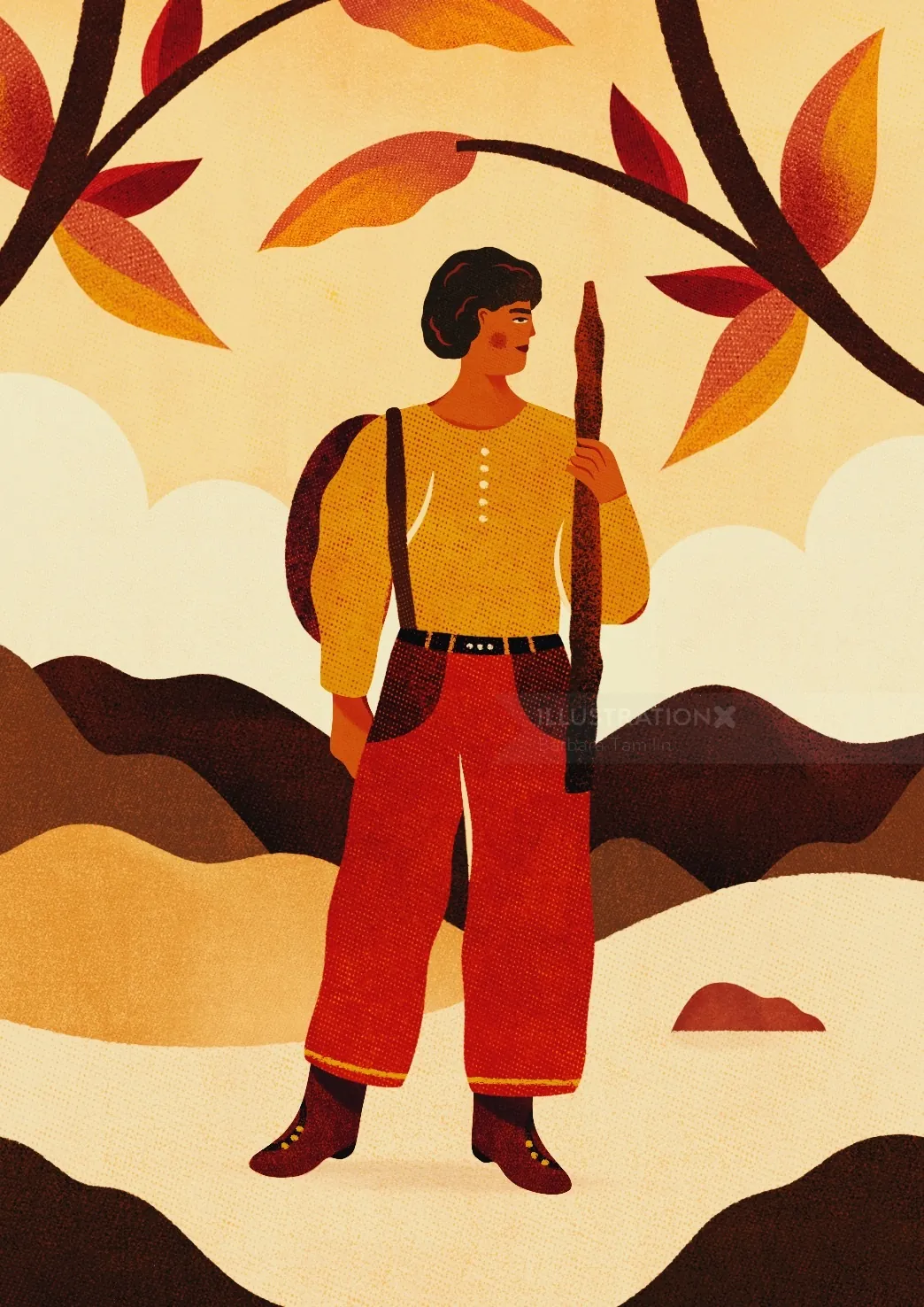 Woman holding walking stick among autumn leaves and mountains by Barbara Tamilin