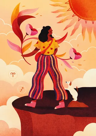 Woman with a cat on cliff under sun by Barbara Tamilin