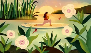 Woman sitting on canoe in water near plants and flowers by Barbara Tamilin
