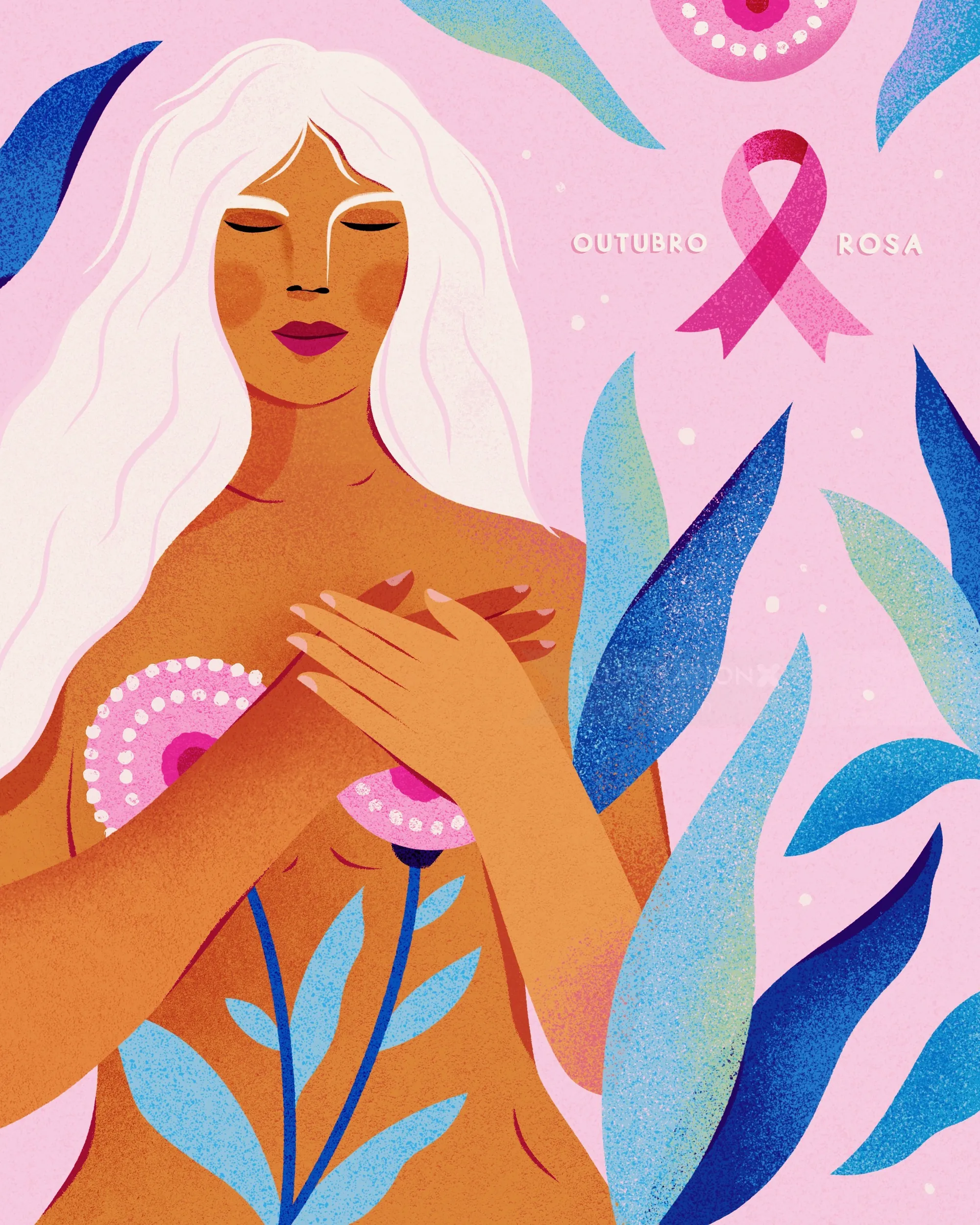 Woman with long white hair and pink flowers symbolizing breast cancer, by Barbara Tamilin