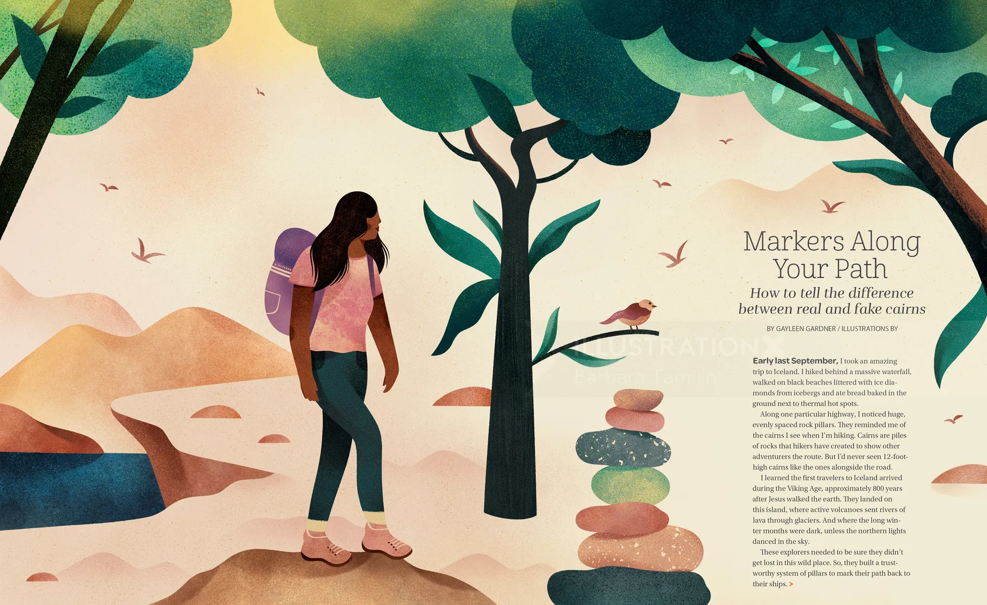 Woman hiking on rocky trail with stacked stones and trees by Barbara Tamilin