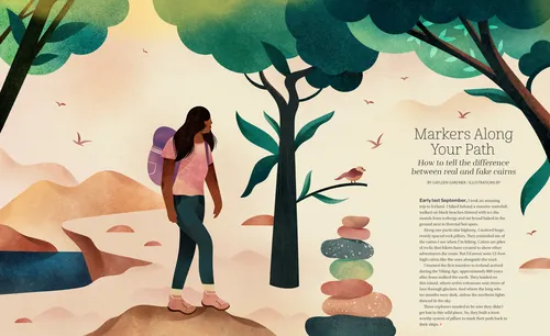 Woman hiking on rocky trail with stacked stones and trees by Barbara Tamilin