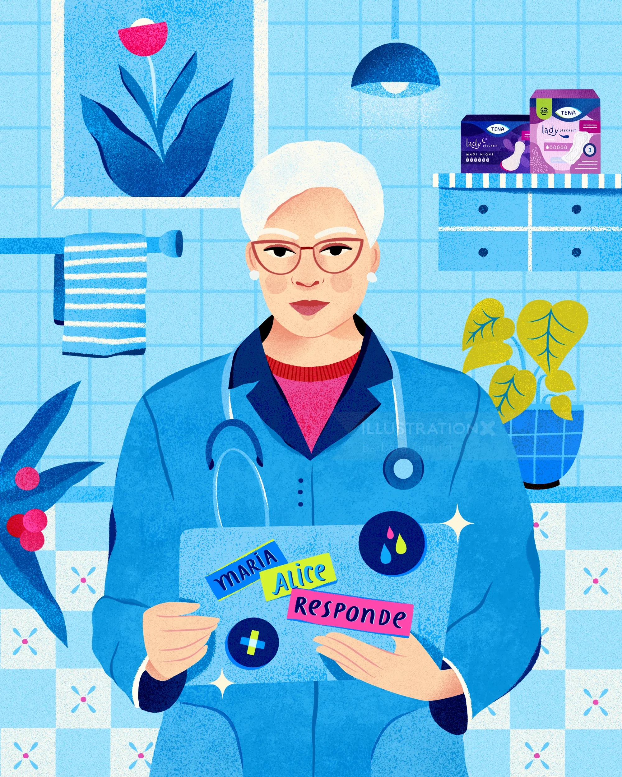 Healthcare worker holding medical supplies in blue room by Barbara Tamilin