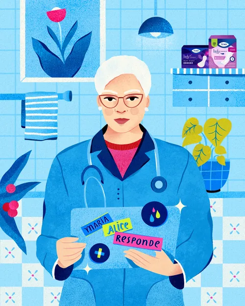Healthcare worker holding medical supplies in blue room by Barbara Tamilin