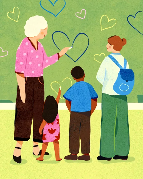 Illustration of grandmother and children with hearts on wall by Barbara Tamilin